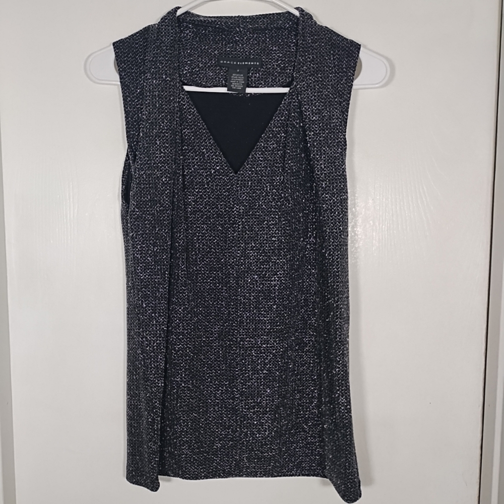 Grace Elements Small Sleeveless Top Blouse Black Metallic Silver Herringbone